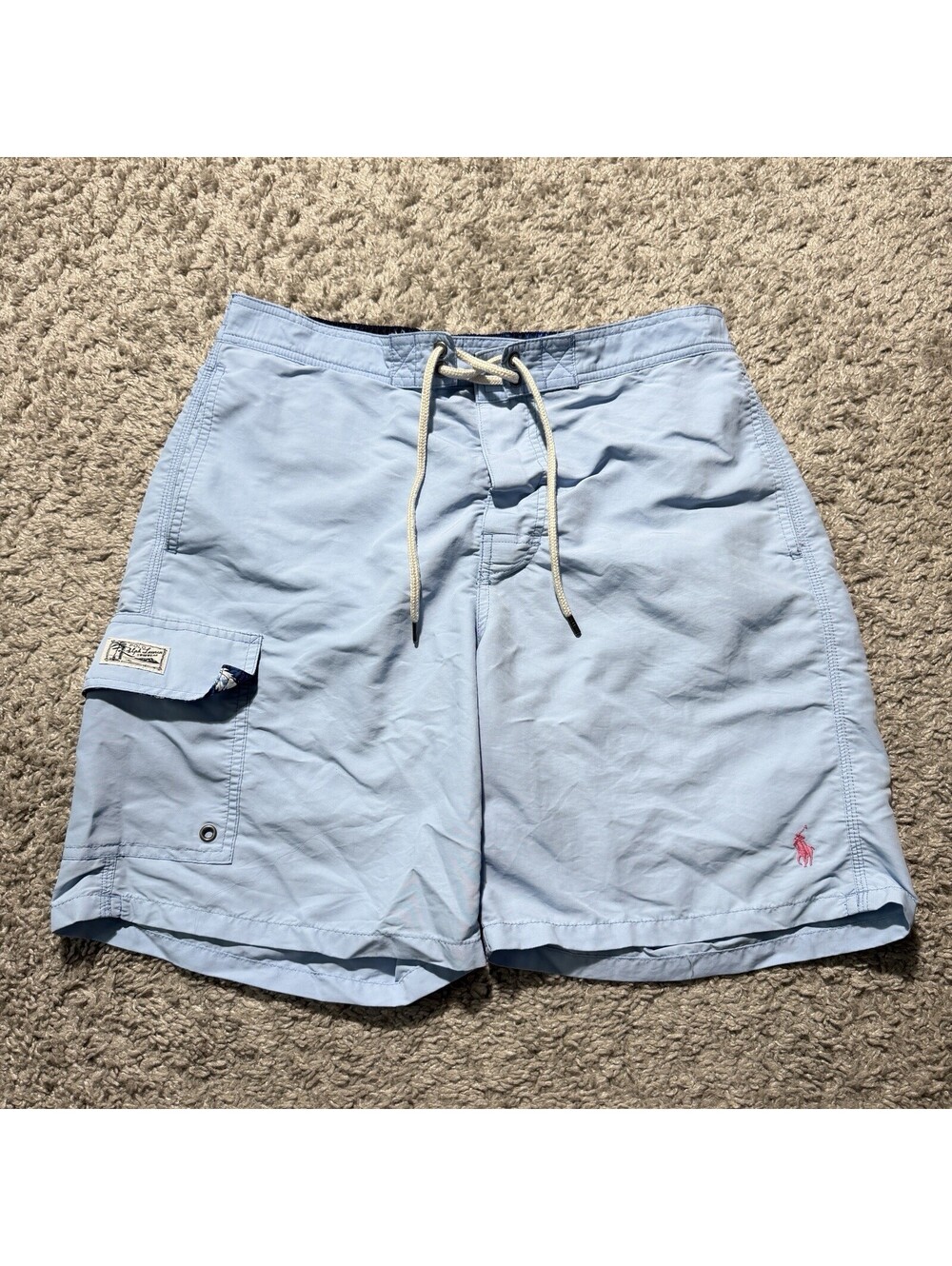 Polo Ralph Lauren Blue Cargo Pocket Nylon Mesh Lined Swim Trunks Mens Medium